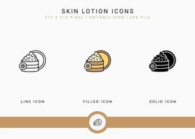 huid lotion pictogrammen instellen vectorillustratie met solide pictogram lijnstijl. ultraviolet beschermingsconcept. bewerkbaar lijnpictogram op geïsoleerde witte achtergrond voor webdesign, gebruikersinterface en mobiele app vector