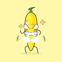 schattig bananenkarakter met boze uitdrukking. neus blazende rook, ogen uitpuilend en grijnzend. groen en geel. geschikt voor emoticon, logo, mascotte vector