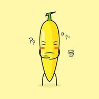 schattig bananenkarakter met denkende uitdrukking en gesloten ogen. groen en geel. geschikt voor emoticon, logo, mascotte vector