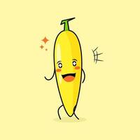 schattig bananenkarakter met een glimlach en een gelukkige uitdrukking, open mond en sprankelende ogen. groen en geel. geschikt voor emoticon, logo, mascotte en icoon vector