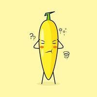 schattig bananenkarakter met denkende uitdrukking, gesloten ogen en twee handen op het hoofd. groen en geel. geschikt voor emoticon, logo, mascotte vector