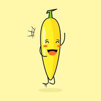 schattig bananenkarakter met glimlach en gelukkige uitdrukking, spring, sluit de ogen en open mond. groen en geel. geschikt voor emoticon, logo, mascotte en icoon vector