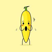 schattig bananenkarakter met geïmponeerde uitdrukking en open mond. groen en geel. geschikt voor emoticon, logo, mascotte en icoon vector