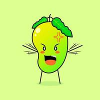 schattig mangokarakter met boze uitdrukking. groen en oranje. geschikt voor emoticon, logo, mascotte. beide handen omhoog en mond open vector