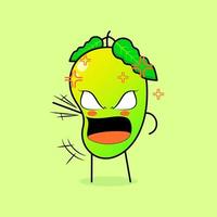 schattig mangokarakter met boze uitdrukking. groen en oranje. geschikt voor emoticon, logo, mascotte. één hand omhoog, ogen uitpuilend en mond wijd open vector