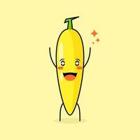 schattig bananenkarakter met glimlach en gelukkige uitdrukking, twee handen omhoog, mond open en sprankelende ogen. groen en geel. geschikt voor emoticon, logo, mascotte en icoon vector