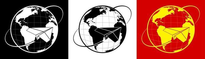 papieren vliegtuigen vliegen tegen de achtergrond van de wereld. e-mailconcept. brieven bezorgen. internationale vliegreizen. vervoer van goederen en passagiers vector