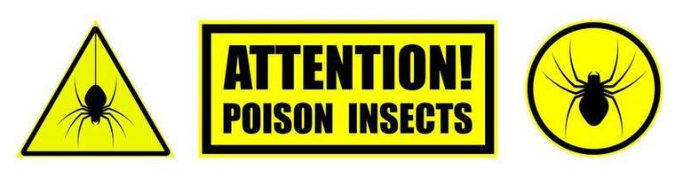 aanval van giftige insecten, spinnen. set geel zwart gevaar borden, aandacht. geïsoleerde vector
