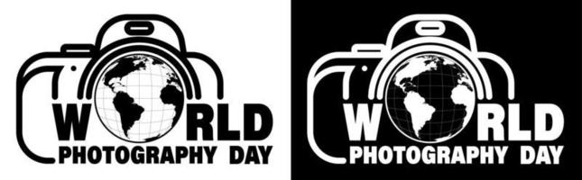 wereldfotografiedag 19 augustus. wereldbol in de cameralens. logo voor het bedrukken van kleding en banners. zwart-wit vector