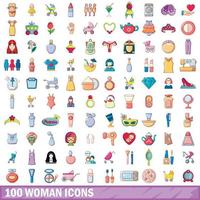 100 vrouw iconen set, cartoon stijl vector