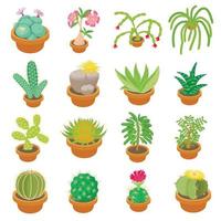 groene cactussen iconen set, cartoon stijl vector