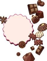 bovenaanzicht op donkere chocolade met cacaobonen, kaneel en anijs over wit met voorbeeldtekst. illustratie van hoge kwaliteit