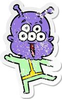 verontruste sticker van een happy cartoon alien dansen vector