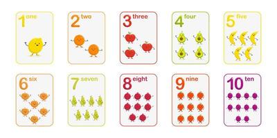 aantal flashcards met cartoon fruit en bessen voor kinderen vector