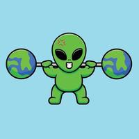 schattig alien hijs aarde barbell cartoon vector pictogram illustratie. wetenschap sport pictogram concept geïsoleerde premium vector.