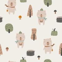 naadloos kinderachtig patroon met beer, pompoen en champignons. creatieve kinderachtige stedelijke textuur voor stof, verpakking, textiel, behang, kleding. vectorillustratie. vector