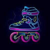 rollende skate neon kunst logo. inline skater kleurrijk ontwerp met donkere achtergrond. sportschoenen vectorillustratie. geïsoleerde zwarte achtergrond voor t-shirt, poster, kleding, merch, kleding. vector