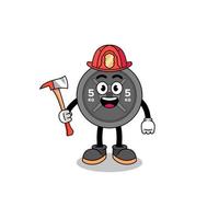 cartoon mascotte van barbell plaat brandweerman vector