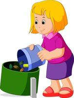 schattig meisje met een vuilniszak in de buurt van de afvalcontainer vector