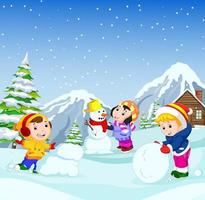n de winter spelen kinderen heel vrolijk in de sneeuw vector