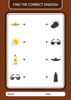vind het juiste schaduwspel met het zomerpictogram. werkblad voor kleuters, activiteitenblad voor kinderen vector