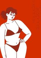 een jonge vrouw in een zwembroek op een rode achtergrond. het close-up vrouwelijk lichaam in ondergoed. vrouw met krullend haar. vectorvoorraadillustratie voor poster of ansichtkaart in cartoonstijl. vector