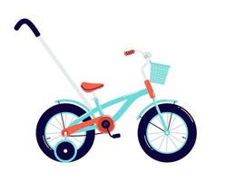 vierwielige kinderfiets met handvat. cartoon blauwe fiets met een mand en een rood zadel. kinderen vervoer voertuig illustratie vector geïsoleerd op een witte achtergrond.