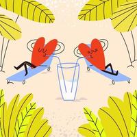 twee ontspannende harten liggen op blauwe ligstoelen en drinken een milkshake. hartvormige geliefden ontspannen op een zonnig zandstrand onder palmbomen. vectorillustratie in cartoon-stijl. vector