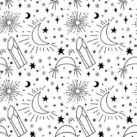 naadloos patroon met sterren, kristallen en sprankelende halve manen. delicaat zwart op wit patroon met magische hemelse elementen. vector