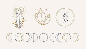een set logo's in een lineaire stijl. delicate, mysterieuze beelden. mystieke symbool in een minimalistische stijl. magische steen voor spirituele praktijken van etnische magie en astrologische riten. vector