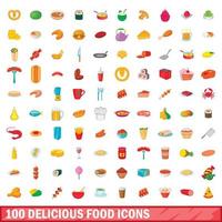 100 heerlijk eten iconen set, cartoon stijl vector