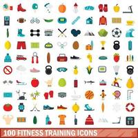 100 fitnesstraining iconen set, vlakke stijl vector