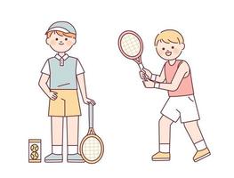 leuke jongens spelen tennis. een schattige jongen die een tennisracket vasthoudt en een jongen die een schommel doet. vector