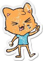 verontruste sticker van een cartoon sissende kat vector