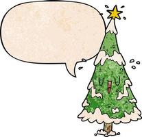 cartoon besneeuwde kerstboom en blij gezicht en tekstballon in retro textuurstijl vector