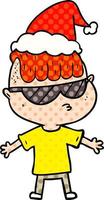 stripboekstijlillustratie van een jongen die een zonnebril draagt die een kerstmuts draagt vector