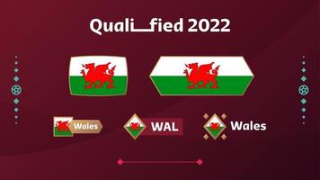 set wales vlag en tekst op 2022 wereld voetbaltoernooi achtergrond. vector illustratie voetbal patroon voor banner, kaart, website. nationale vlag wales