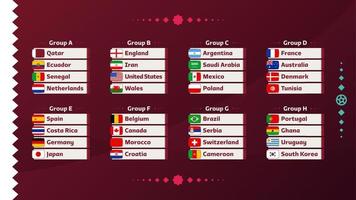 wereldvoetbal 2022 groepen en vlaggen ingesteld. vlaggen van de landen die deelnemen aan de wereldkampioenschappen van 2022. vector illustratie