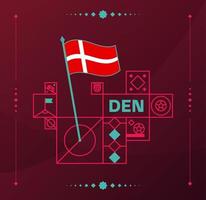 Denemarken wereldvoetbaltoernooi 2022 vector golvende vlag vastgemaakt aan een voetbalveld met ontwerpelementen. wereldvoetbal 2022 toernooi laatste fase. niet-officiële kampioenschapskleuren en -stijl.