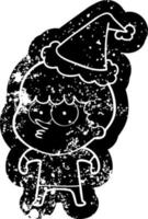 cartoon noodlijdende icoon van een nieuwsgierige jongen die een kerstmuts draagt vector