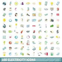 100 elektriciteit iconen set, cartoon stijl vector