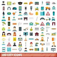 100 stad iconen set, vlakke stijl vector