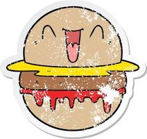 verontruste sticker van een cartoon happy burger vector