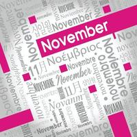 november woordwolk geschreven in het Spaans, Duits, Portugees, Italiaans, Japans, Koreaans in grijs met het Engelse woord gemarkeerd in kleur vector