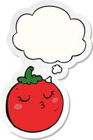 cartoon tomaat en gedachte bel als een gedrukte sticker vector