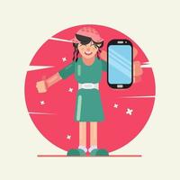 vrouw die de telefoon vectorillustratie toont vector