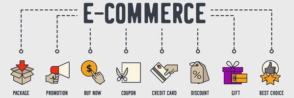 e-commerce online winkelen banner webpictogram. pakket, promotie, koop nu, coupon, creditcard, korting, cadeau, beste keuze vector illustratie concept.