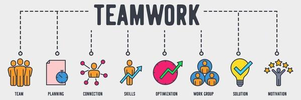 team werk banner web pictogram. team, planning, verbinding, vaardigheden, optimalisatie, werkgroep, oplossing, motivatie vectorillustratieconcept. vector