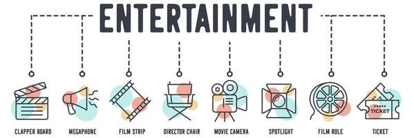 bioscoop entertainment banner web pictogram. klepel bord, megafoon, filmstrip, regisseursstoel, filmcamera, spotlight, filmrol, ticket vector illustratie concept.