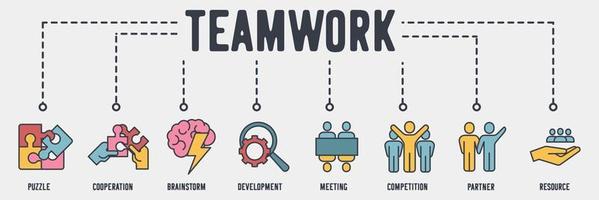 teamwerk banner web pictogram. puzzel teamwork, samenwerking, brainstorm, ontwikkeling, vergadering, competitie, partner, human resource vector illustratie concept.